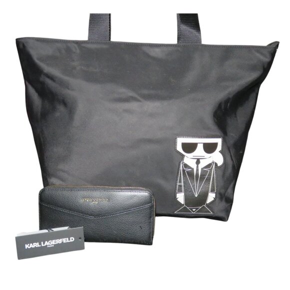 Karl Lagerfeld Paris Black Nylon Amour Tote and Leather Zip around Long Wallet - Picture 1 of 15
